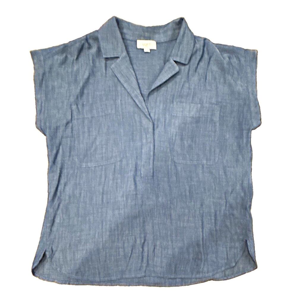 LOFT Women's Blue Chambray Collared Pullover Blouse Pocket Short Sleeve M